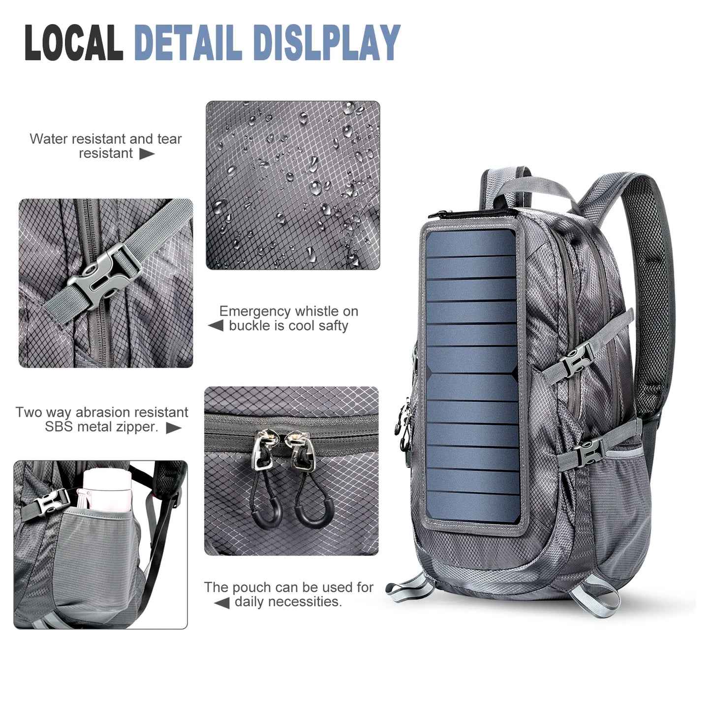 Foldable Backpack with 5V Power Supply 6.5W Solar Panel