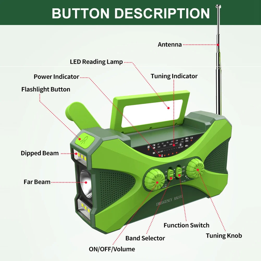 Multifunctional Hand Crank Radio with Solar USB Charging